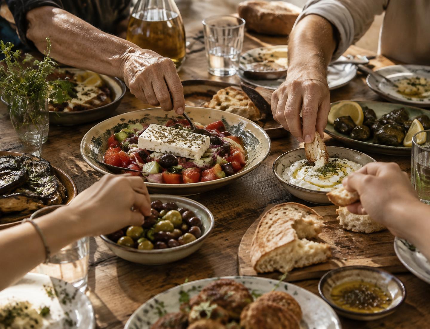 Gemeinsam geteilte griechische Speisen