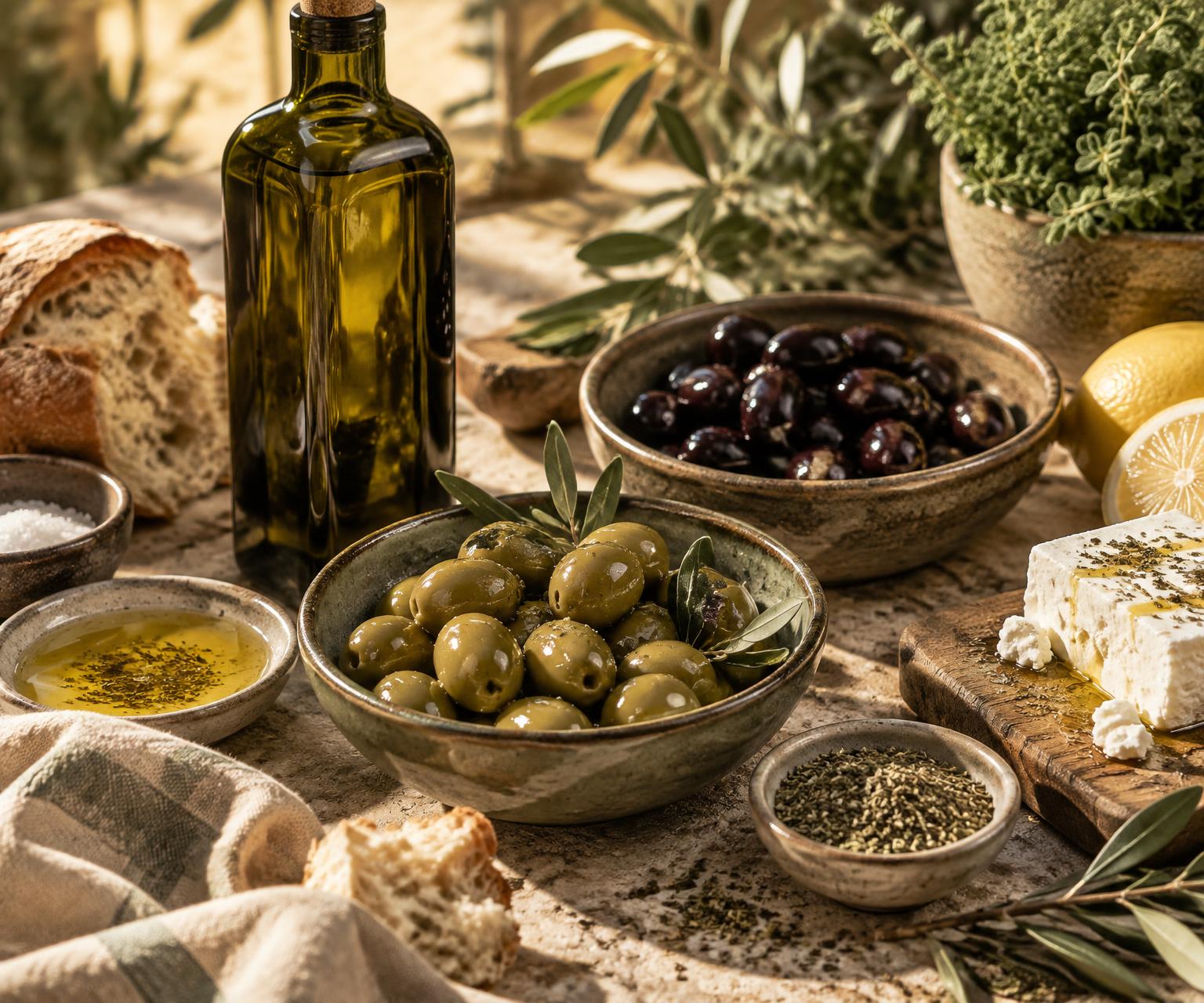 Oliven, Olivenöl, Feta und mediterrane Zutaten